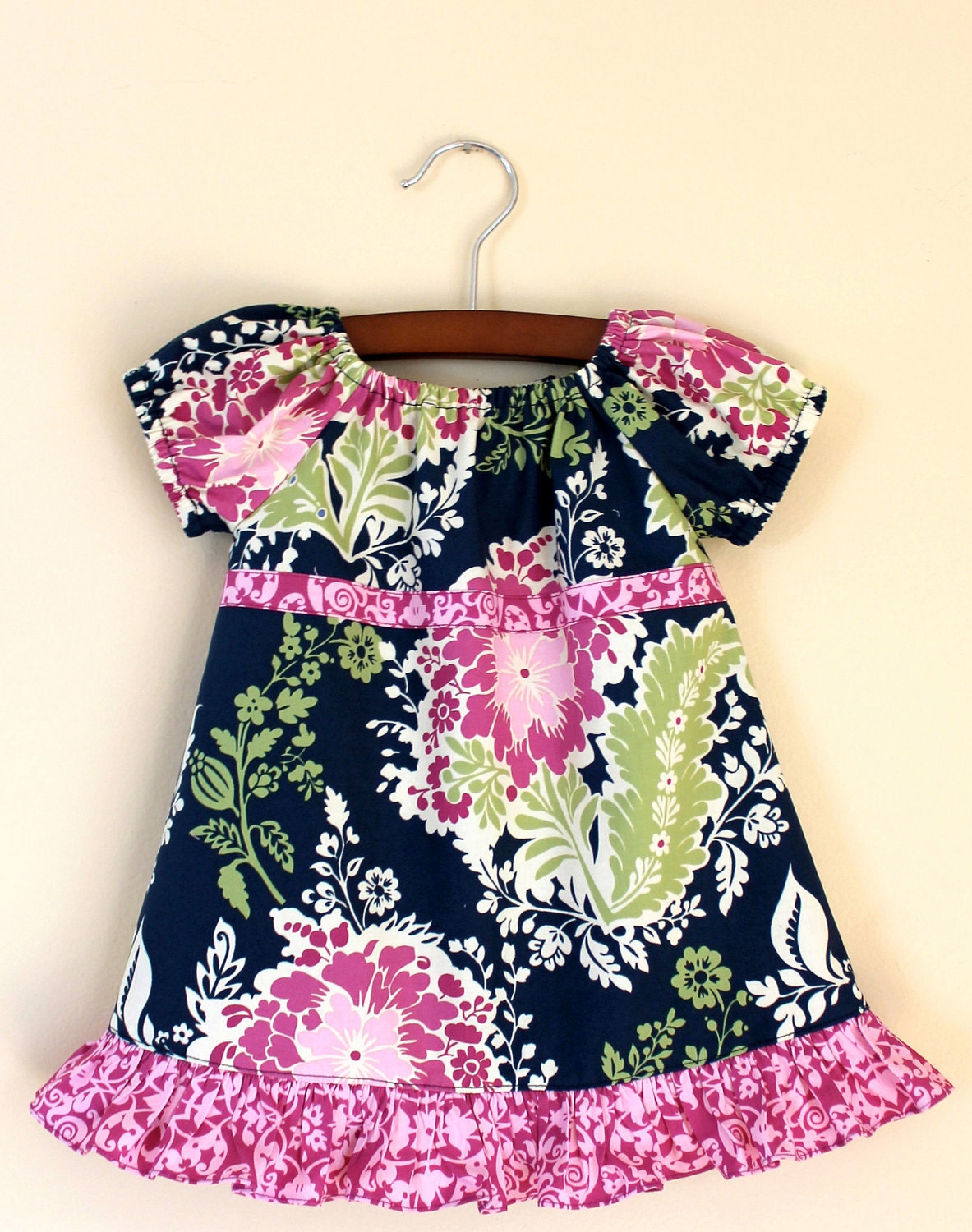 Peasant baby dress navy blue and pink flowers Size 18 - 24 months