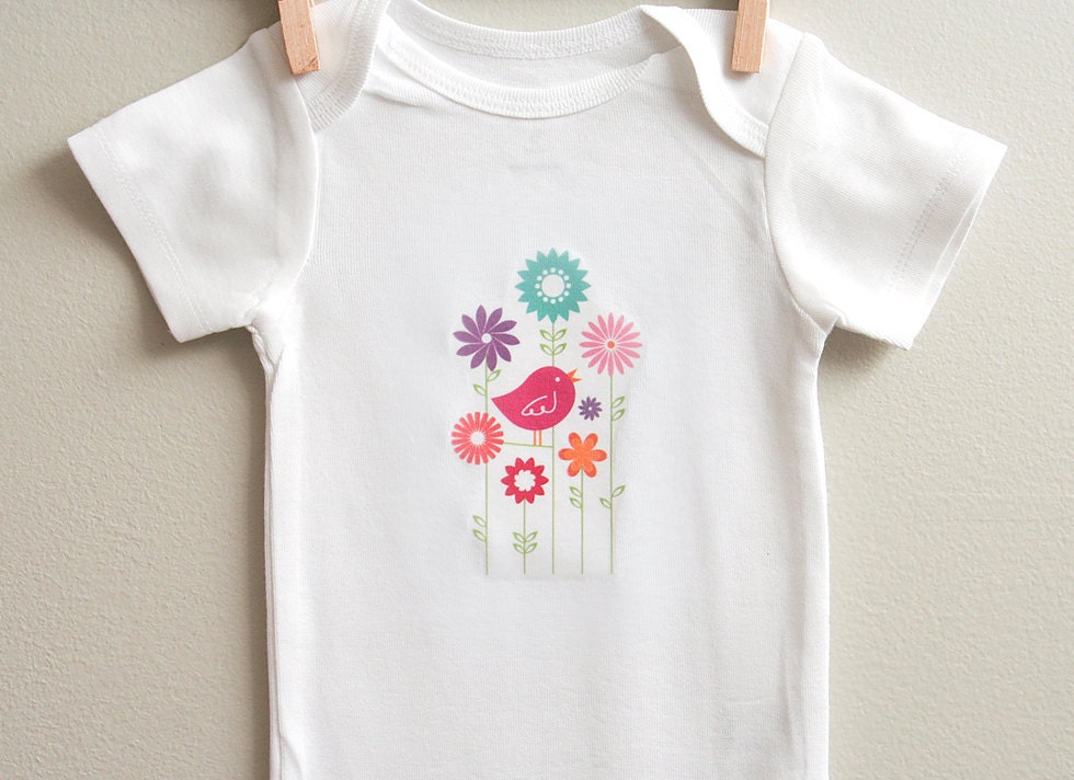 Baby girl onesie, cute bird and colorful flowers. Short and long sleeve. Your choice of size.
