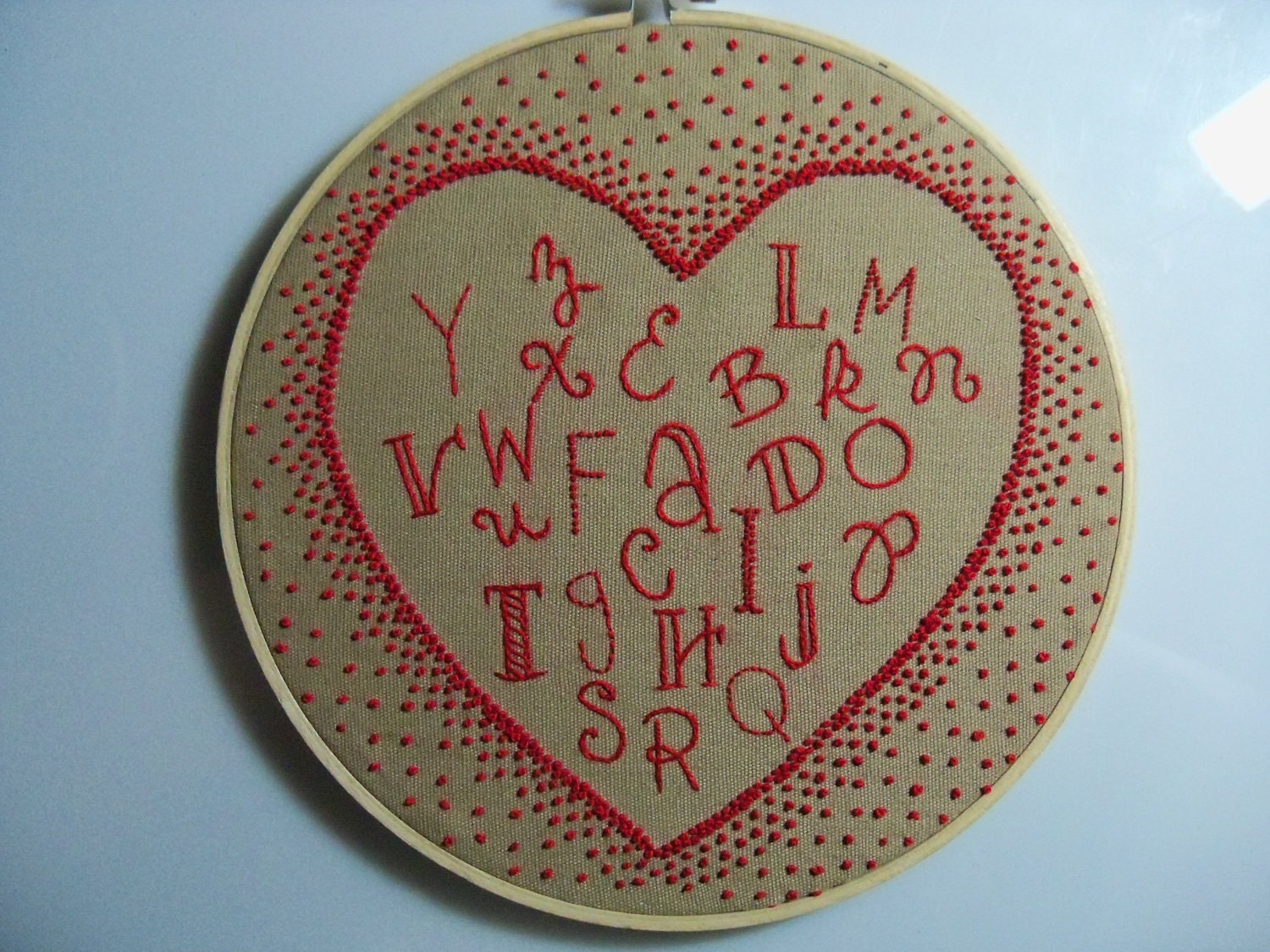 As Featured on Babble Hand Embroidered Hoop - Heart Alphabet Wall Art, Typography Love, Red, Tan Home, Nursery Decor