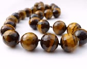 Tigers Eye Round Faceted Bead Hand knotted Necklace with Silver Clasp