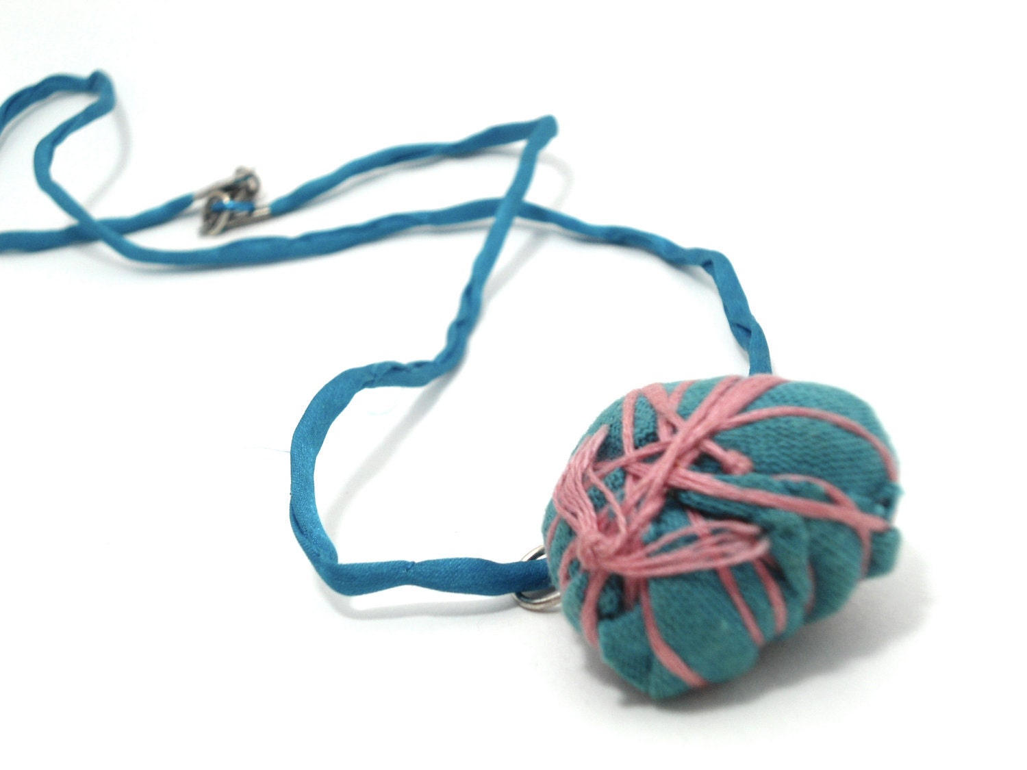 teal blue / rose pink fiber necklace- eco friendly-jewelry-  chunky necklace-  - vintage threads and cotton-HIPSTER jewelry