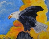 Miniature acrylic painting original Bald Eagle and golden clouds