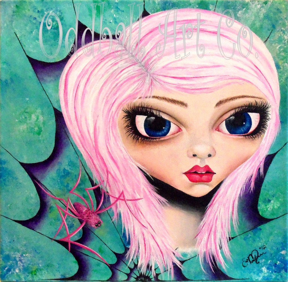 Big Eye Art Print Signed "Best Friends" by Lizzy Love apprx 8x8 ( Cute Pink Spider Folk Pop Emo Goth Lowbrow Fantasy )