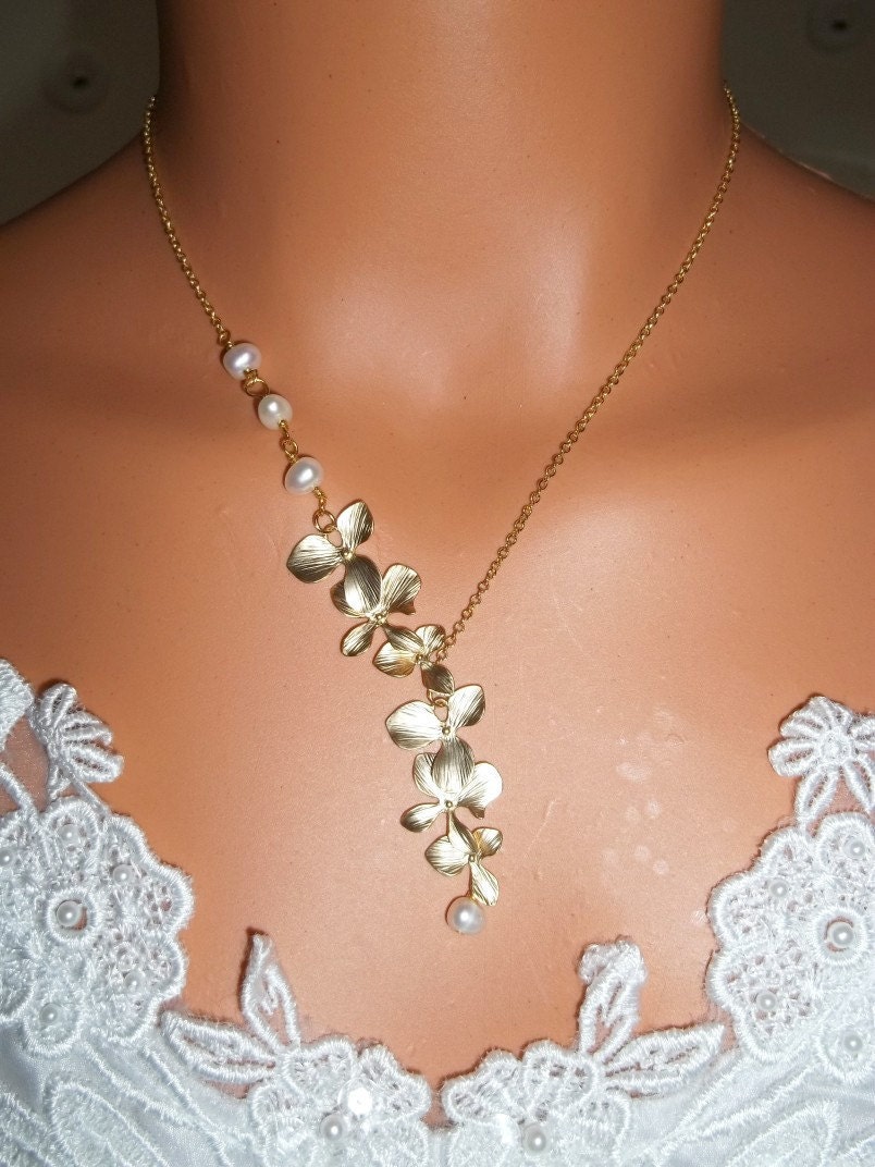 Freshwater Pearls And Gold Orchid Cascade Necklace Wedding, Bride, Bridesmaids Gift