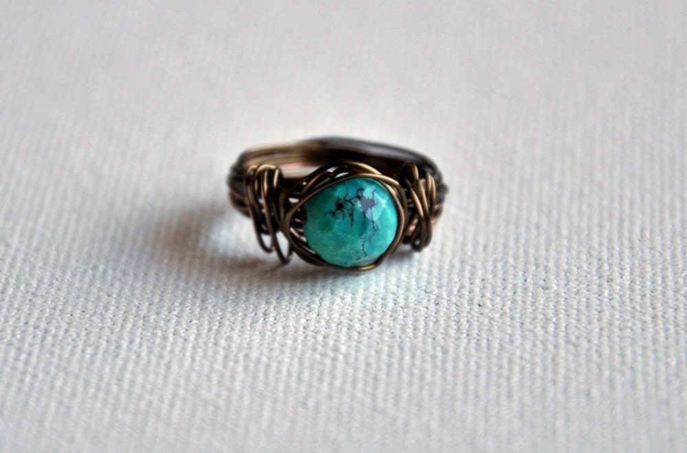 Rustic Turquoise Vintage Bronze Wire Wrapped Ring