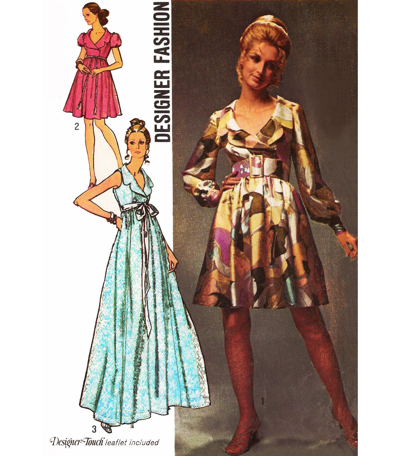 1970 Vintage Designer Fashion Maxi Evening Gown or Cocktail Dress, Bonus Sewing Lesson: Button Story, Simplicity 8790, Bust 34", Uncut