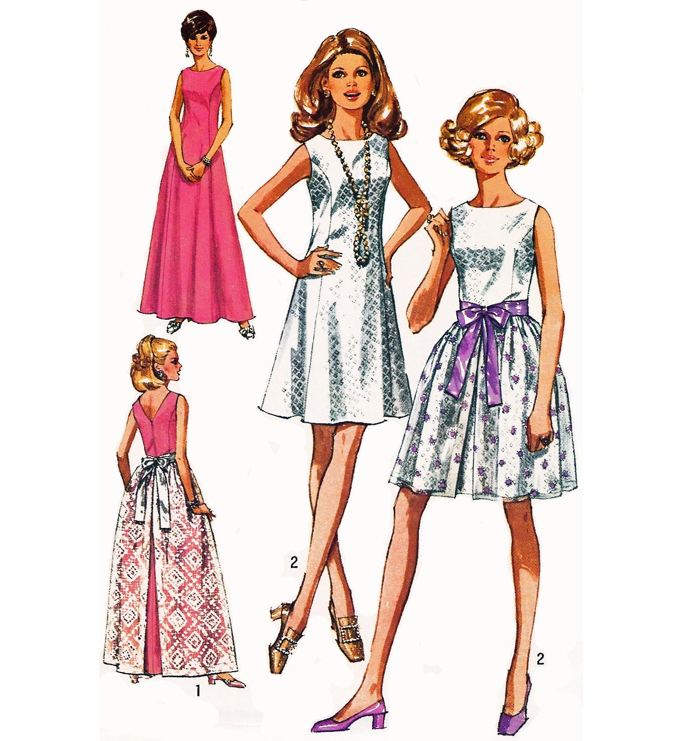1969 Vintage Party Cocktail Evening Prom Dress with Princess Seams, Back V Neckline and Overskirt Option, Simplicity 8641, Bust 36", Uncut