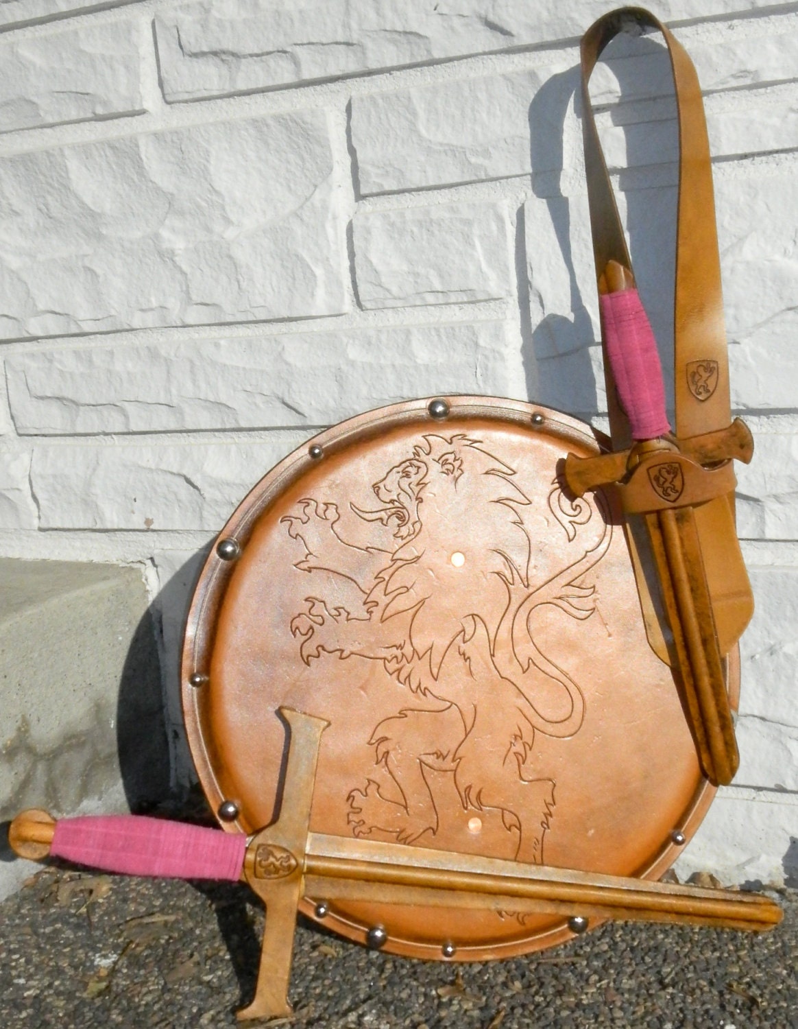 Handmade Leather COMPLETE Set - Sword, Dagger, Holder, & Shield w/ Lion Emblem