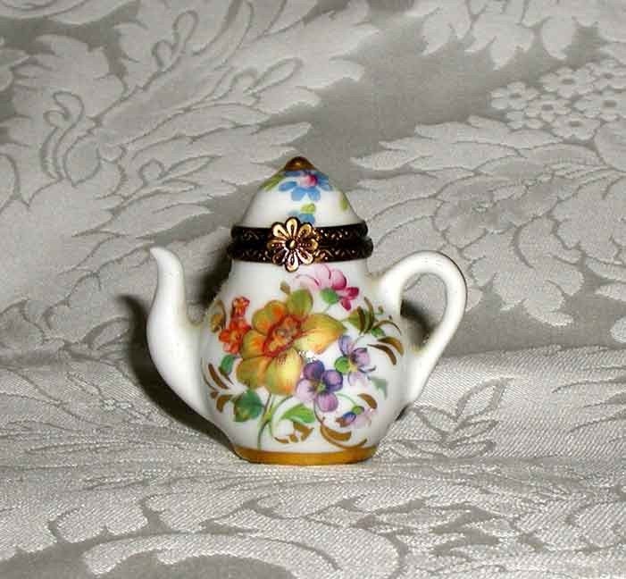 Limoges White Hand Painted Floral Miniature Teapot Trinket Box