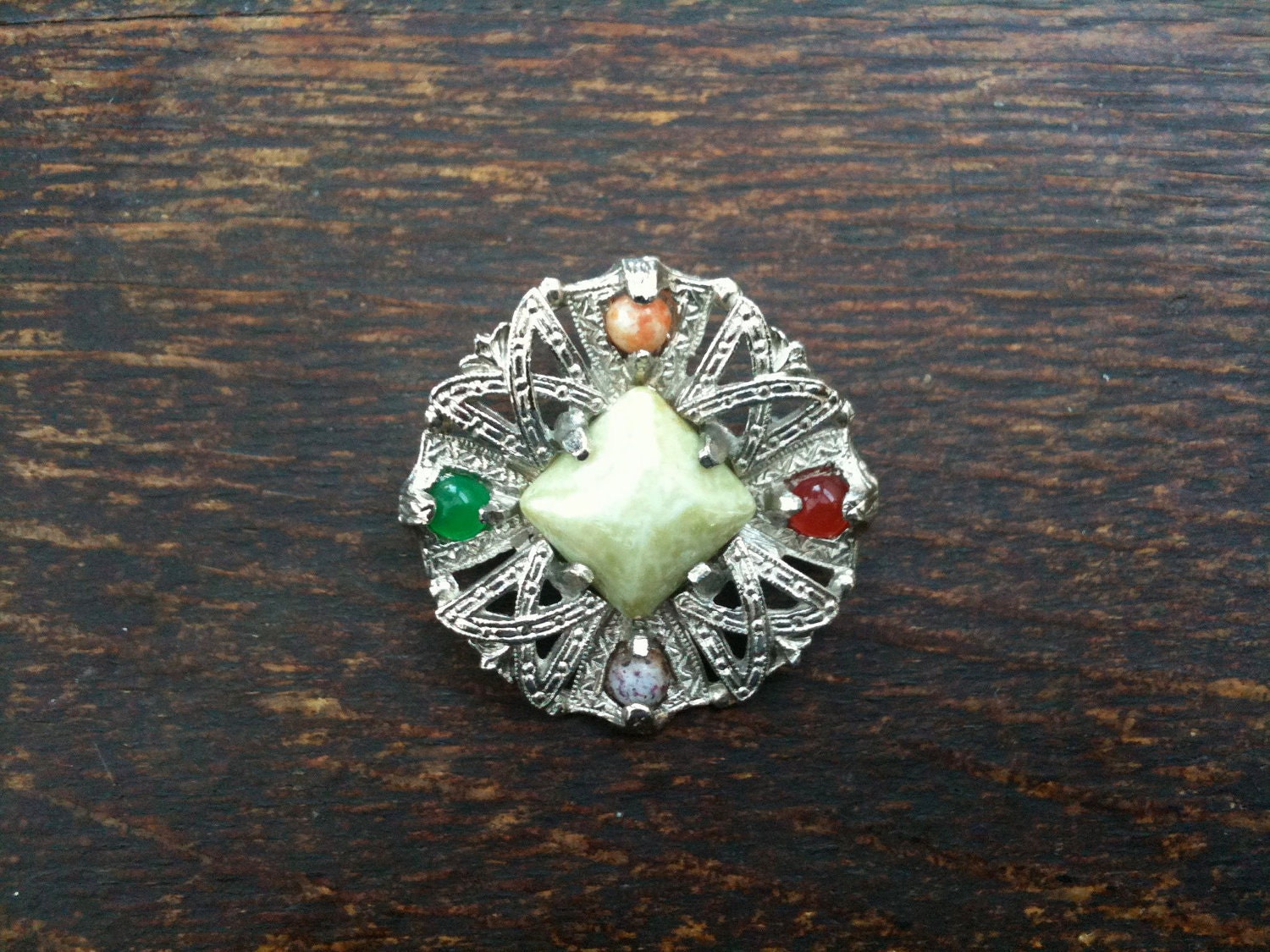 Vintage Silver Stone Pin, small and light with Light Green Center Stone & Silver Hardware