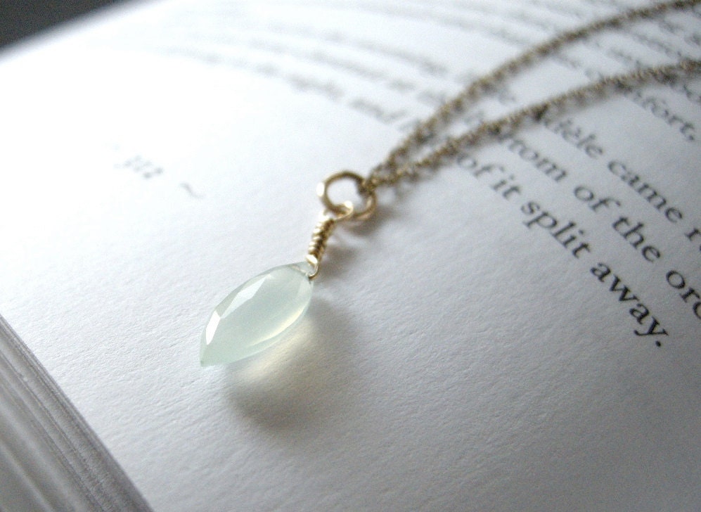 Delicate Aqua Chalcedony Marquise Gold-filled Necklace / Coastal Seaside, Old Stock Chain, Sky Ocean, Winter Jewelry, Gifts Under 50