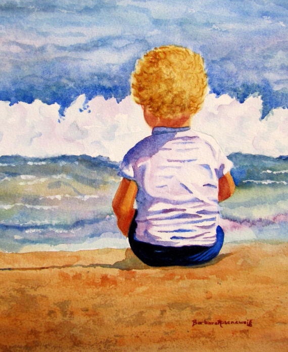 Beach Baby, Barbara Rosenzweig, Art Print, Etsy, Reproduction of Original Watercolor Painting, Child Ocean