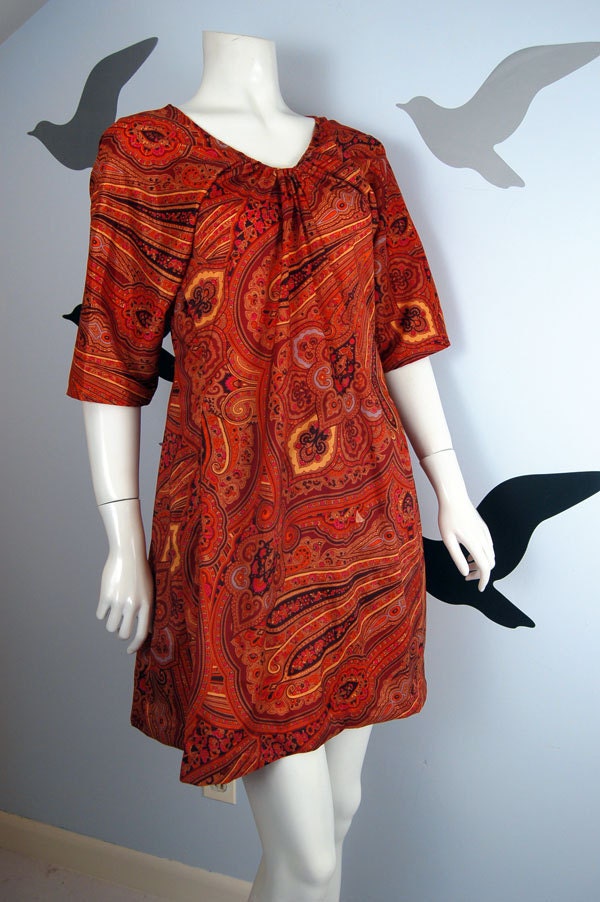 60s Paisley Mini Dress / Gold Orange Rust