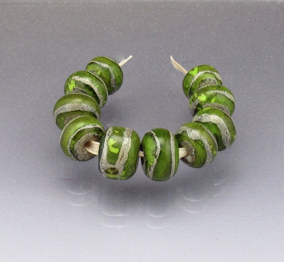Handmade lampwork glass bead set Made to ORDER Small round beads Green lampwork beads Sea Rocks Anne Londez SRA