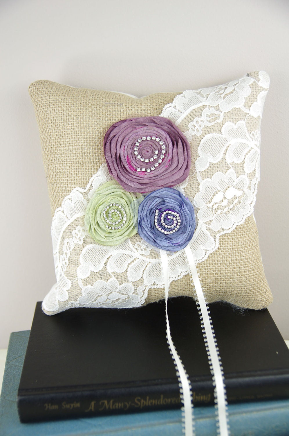 Shabby Chic Ring Bearer Pillow - Burlap and lace with fabric flowers and faux rhinestone accents