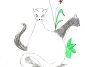 ACEO, Original drawing, Two cats, pencil sketch, cat art, feline,animal love, kittens, grey and white cats with red flower.