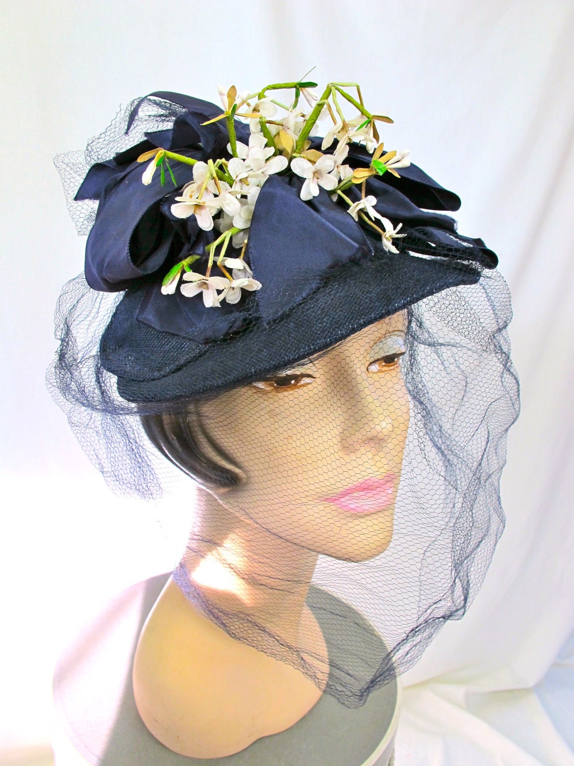 1930s Navy Straw Hat, Silk Bows with White Flowers & Netting, De Pinna New York