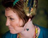 Femme Fatale Headpiece Feather Fascinator Prom Abstract Asymmetrical Green Orange Comb Clip