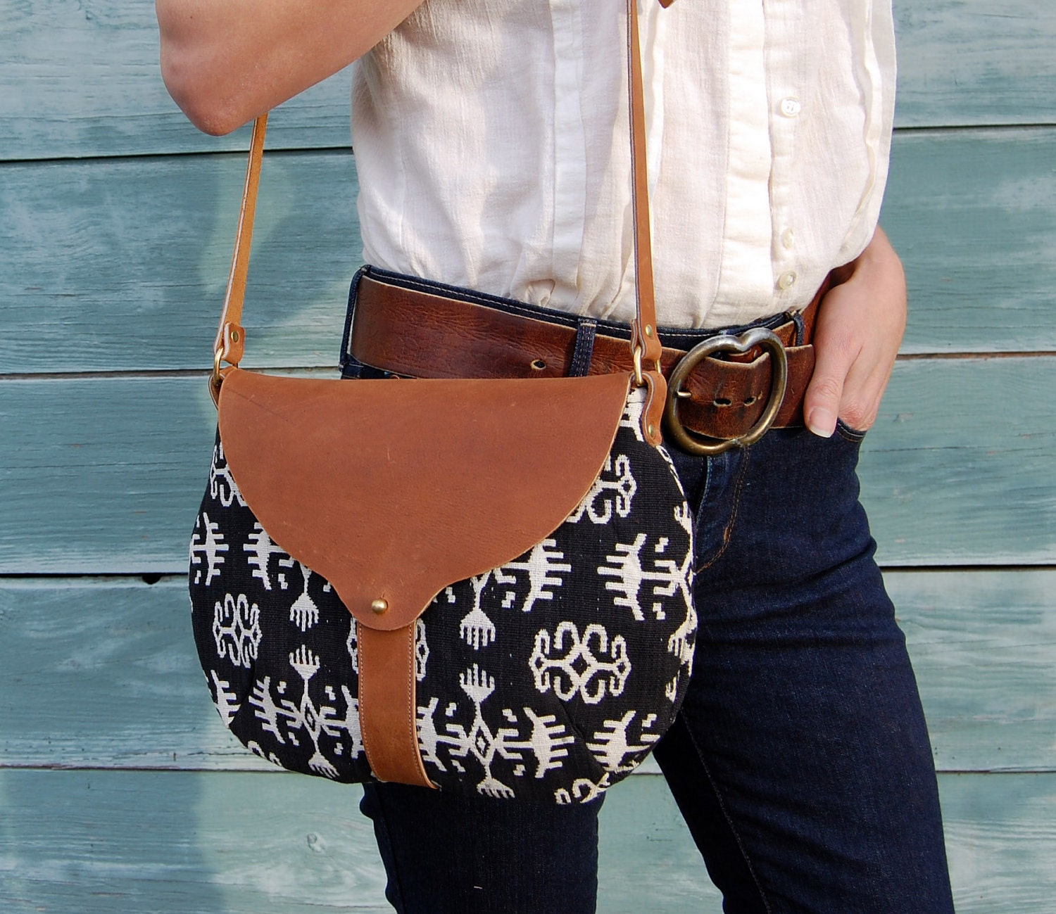 The Taplin Purse // Black and White Indian Geometric Tribal Woven Fabric with Cognac-colored Leather and Brass Closure