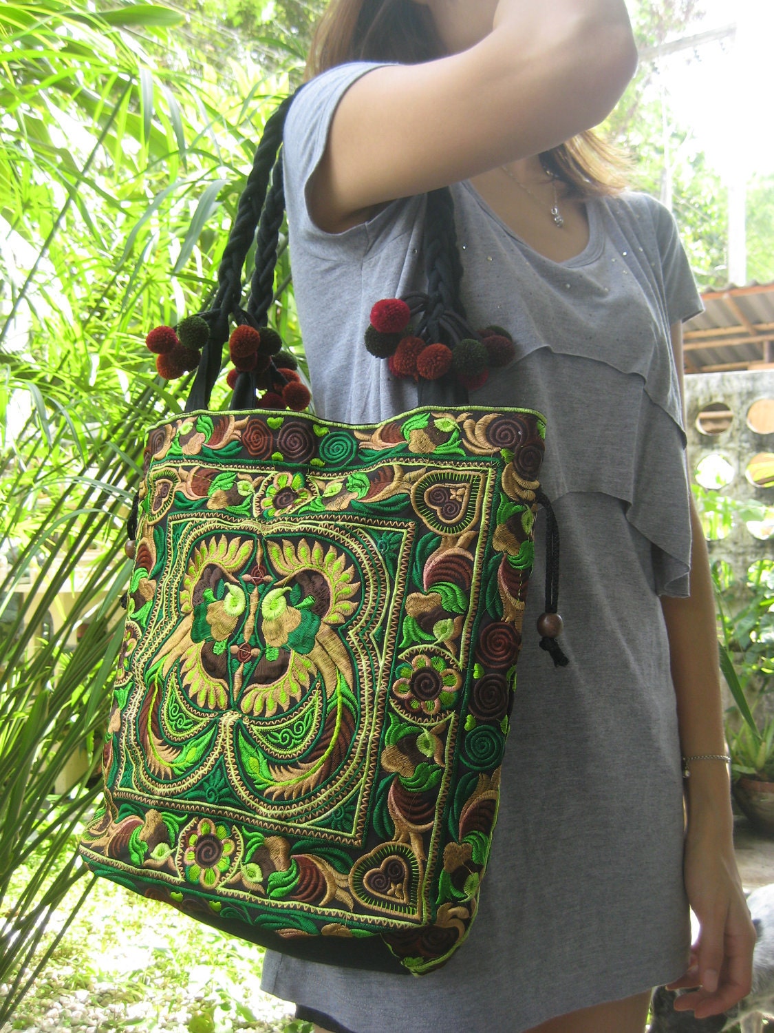 Hmong Old Vintage Style Ethnic Thai Boho Shoulder Medium Tote Bag