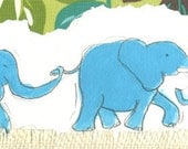 Blue, Elephants, Baby Art, Fabric Collage, Watercolor (Limited Edition print)