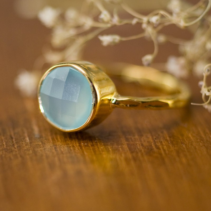 Aqua Blue Chalcedony Ring - Gemstone Ring - 18k Gold Vermeil Ring - Bezel Set Ring - Stackable Rings - Mother's Day Gift