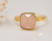 October Birthstone - Cushion Cut Pink Chalcedony Ring - Bezel Set Ring - Pink Quartz ring - Gemstone Ring - Gold Ring - Mother's Day Gift