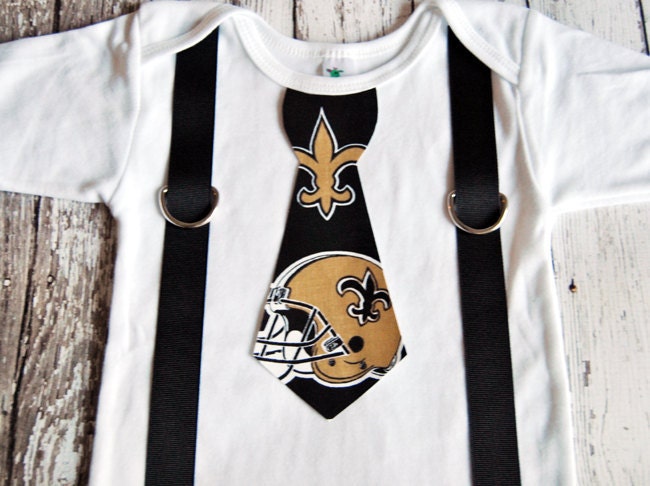 NFL New Orleans Saints Football Inspired Tie and Suspenders Onesie - Made to Order - 0-3M through 24M