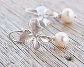Silver Orchid Flower Earrings, White Freshwater Pearl,  Argentium Sterling Silver Hoops, June Birthstone, Wedding Jewelry, Gift Under 25