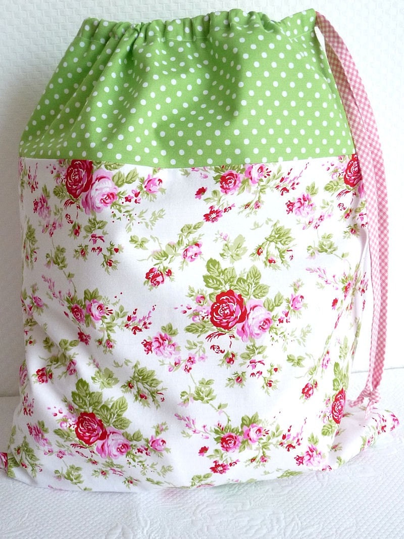 Laundry Bag. Lingerie Bag. Large. Shabby Chic Drawstring Bag. Floral. Green Polkadots. Cath Kidston-esque. Storage bag