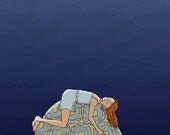 Saharan Somnambulist - 13X19 Art Print -Blue Illustration Girl Sleeping on Turtle with Full Moon at Midnight