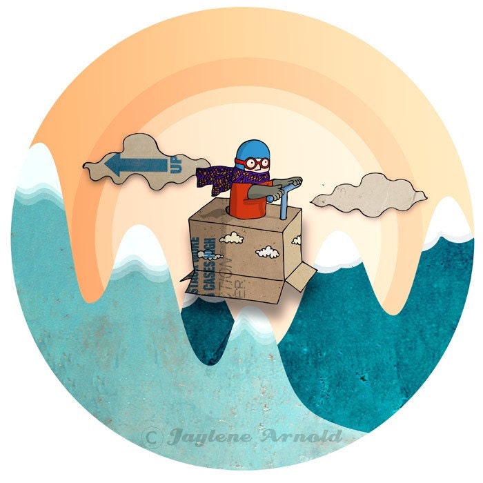 The Flying Man - Digital Art Print - Children Illustration Collage Pilot Airplane with Clouds and Blue Mountains - Phizzwizard