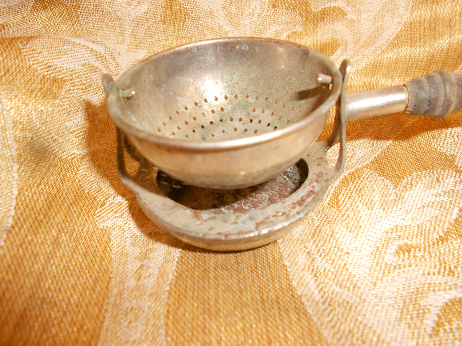 Tea Strainer Antique Swivel Style Handled Tea Strainer With Attached Drip Bowl -Victorian Era Dated 1910
