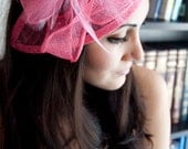 Pink Fascinator - "Penny" Mesh Hat Fascinator with Mesh Ribbons and Pink Feathers