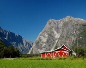 Dreamy landscape photo art, red mountain cabin in Norway, rugged mountan, room decor, travel photography