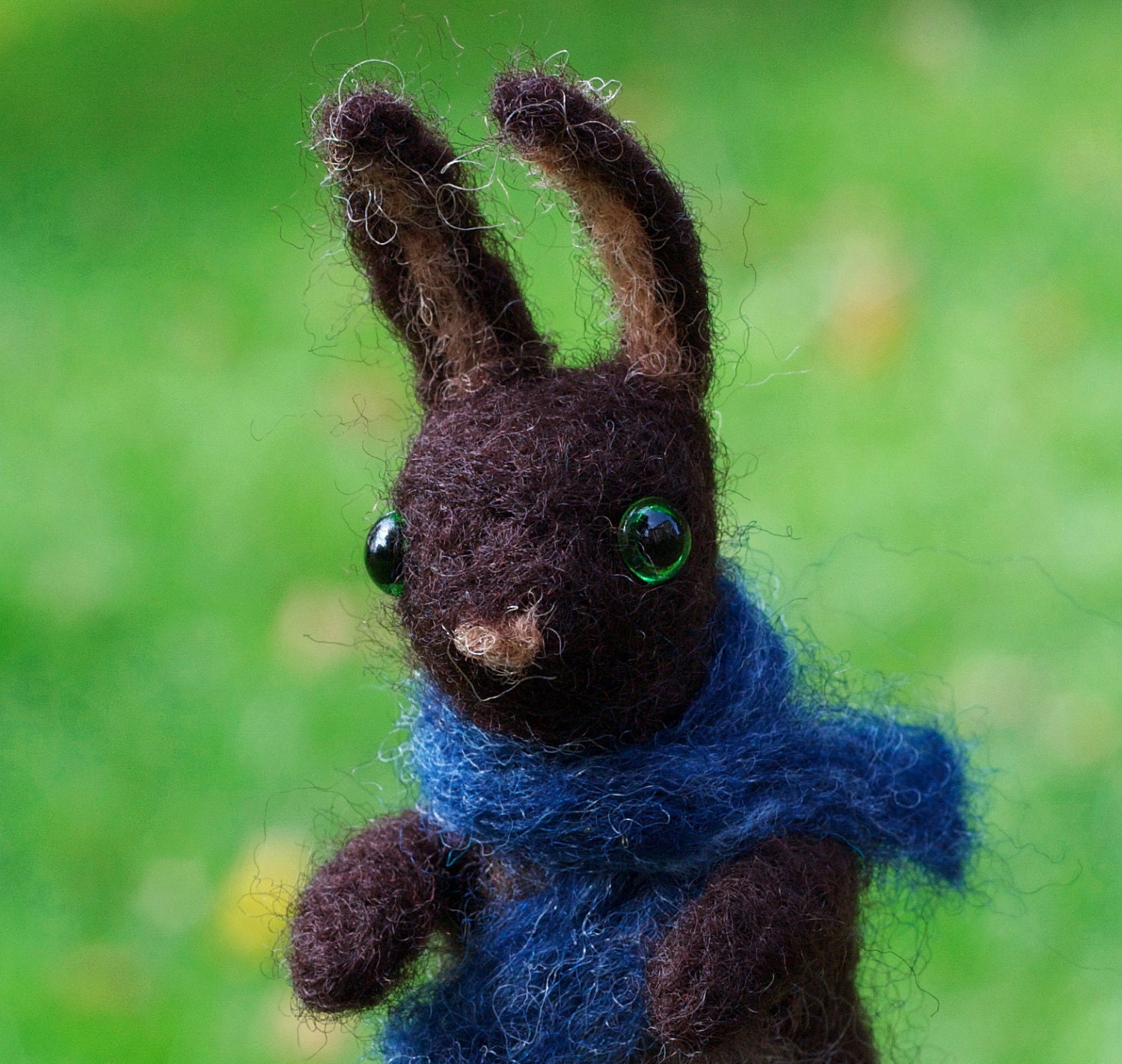 Needle Felted Brown Bunny with Blue Scarf