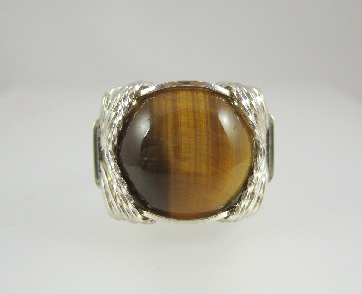 Mens silver tiger eye Pharaoh ring
