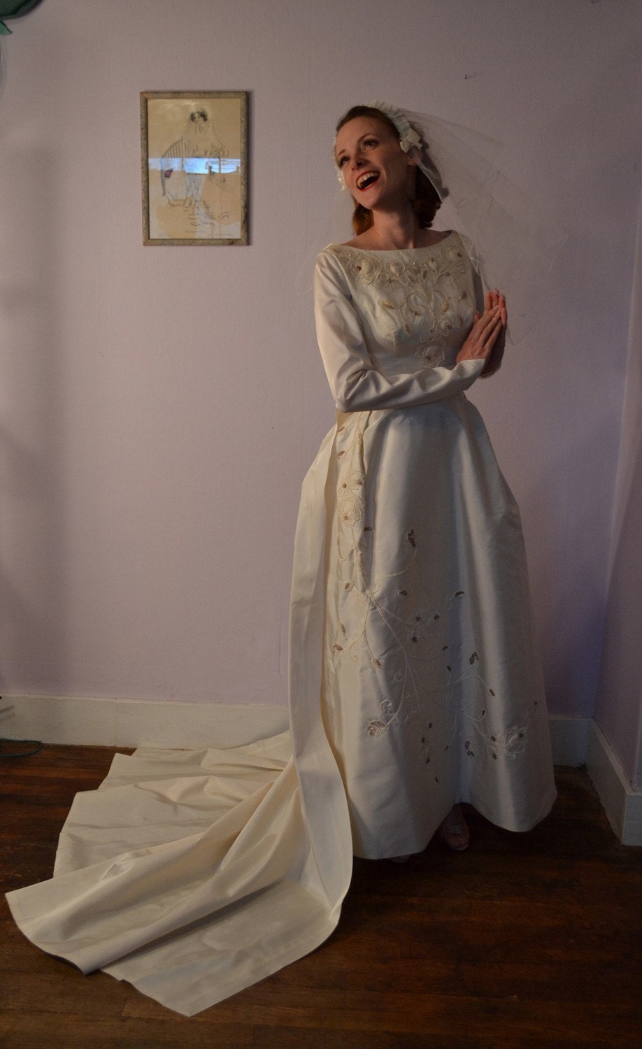 Vintage 1960s Beaded Wedding Dress Silk Chapel Train Sleeves Bridal Fashions