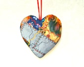 HEART ORNAMENT, Crazy Quilt, Grey Gold, Hand Embroidery, Personal Gift Idea