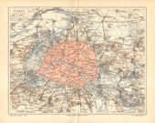 1896 Original Antique Map of Paris and its Surroundings in the 19th Century