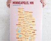 Minneapolis typography map in pink and yellow : 13x19 poster