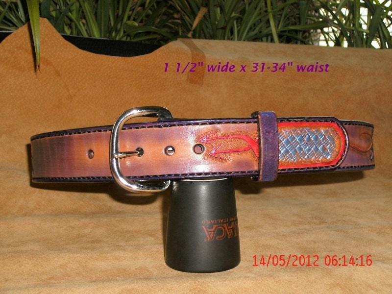 Tooled leather purple belt