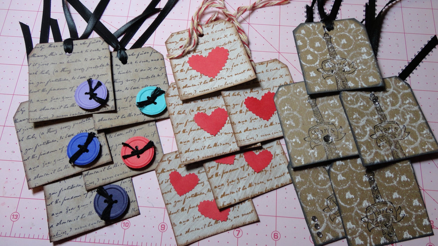 Tattered Chic Script Tags, Hearts, Paris Eiffel Tower, Buttons