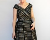 Vintage 1950s Dress - A Thing of Beauty - Striped Cream and Black Cotton Dress with Organza Overlay