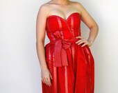 Vintage 1980s Dress - Traffic Stop - Bright Red Sweetheart Neckline Strapless Dress with Silver Stripes