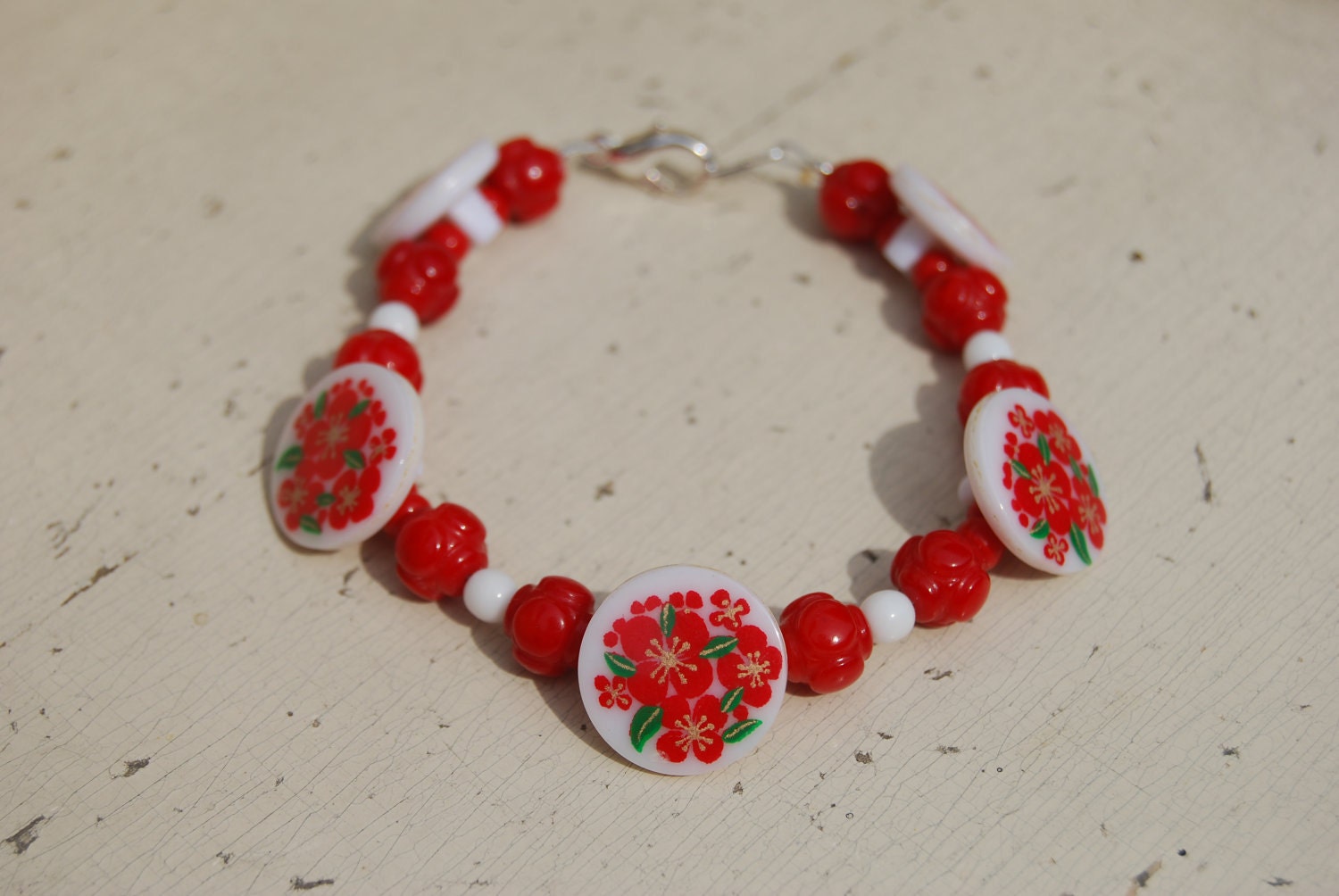 Red Floral Button Bracelet with Red and White Beads, 8 to 12 Years Size (Item 407)