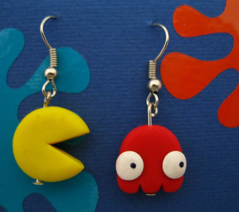pacman and red ghost earrings