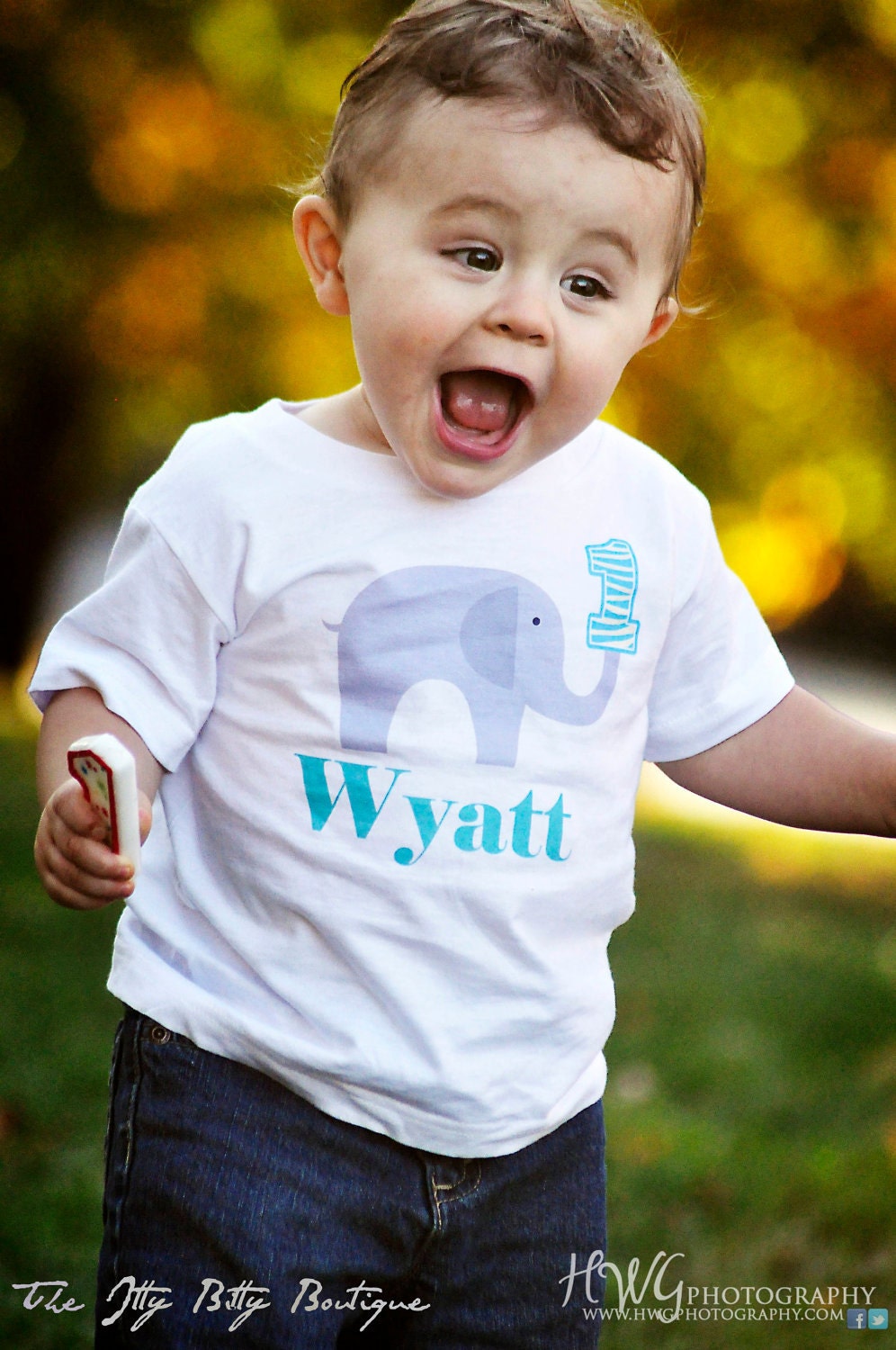1st Birthday Elephant Onesie (Boy) - Toddler Tee also available - Personalize with any Name