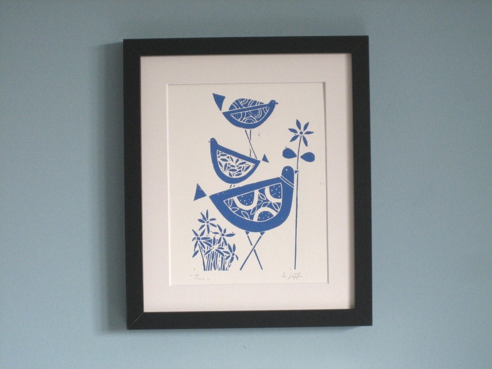 Blue Bird Print Original Linocut -  Blue Flowers, Retro Lino Block Print - Bluebirds