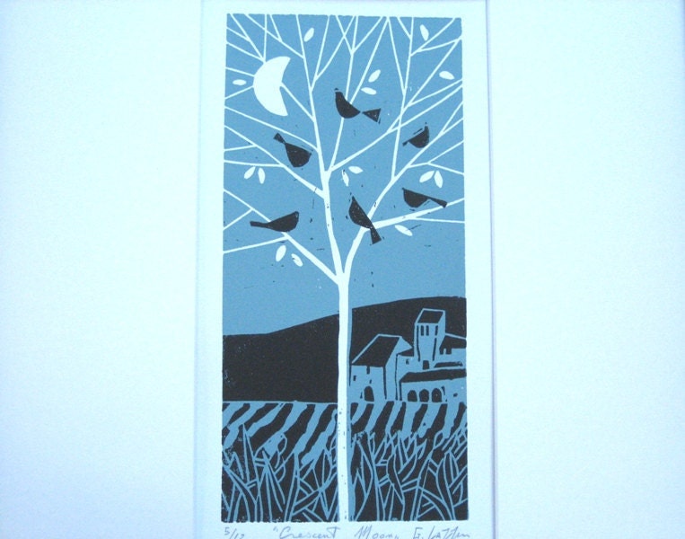 Lino Block Print -Robins Egg Blue,  Night Tree, Crescent Moon and Black Birds,  Farm Fields, Limited Edition